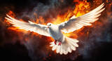 white dove with wings flying through fire