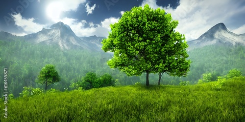  Trees on a green landscape, nature scenic illustration, ai