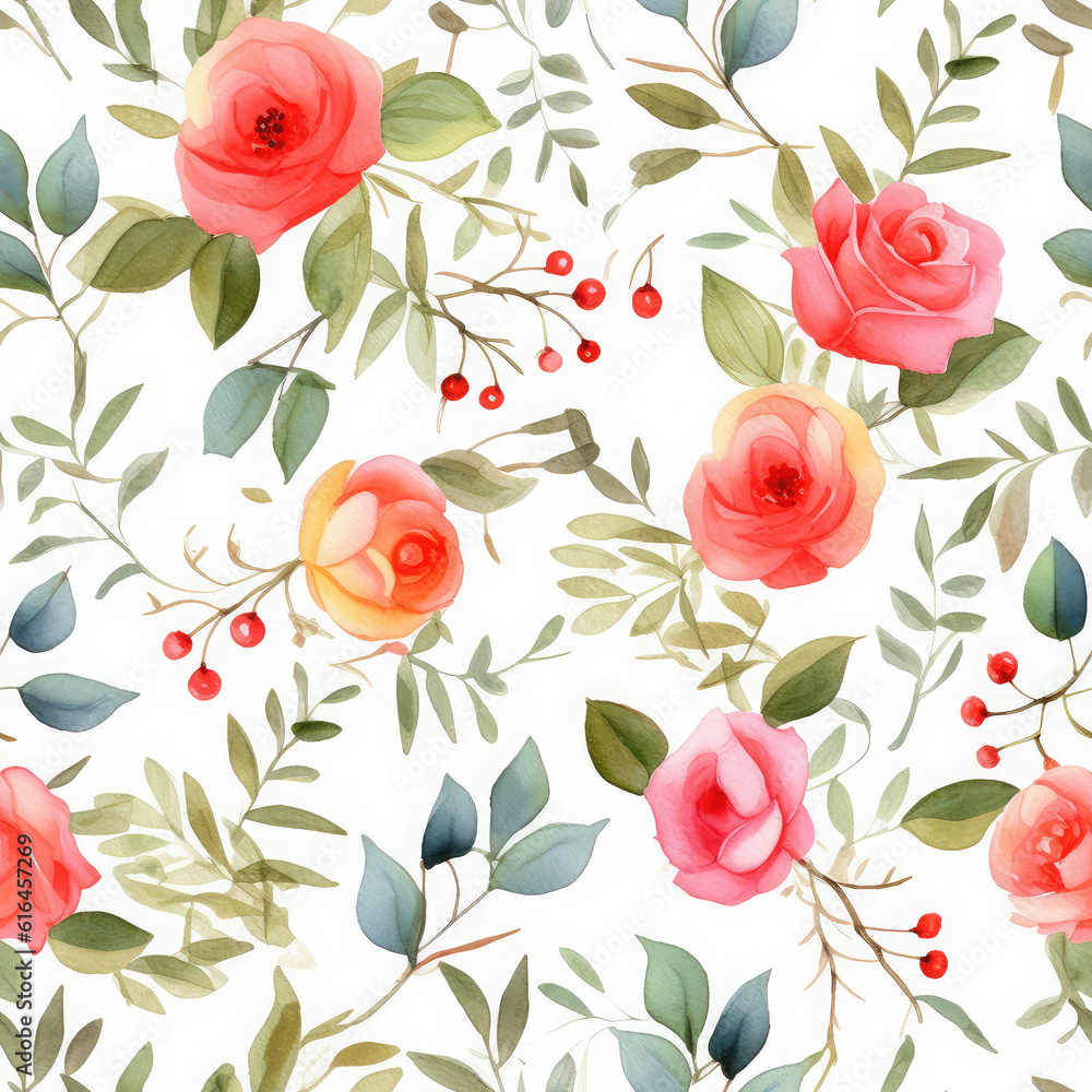 Vibrant Rose Watercolor Seamless Patterns, Floral Sublimation for Tumblers, Scrapbooks, and Wallpaper Generative AI 001