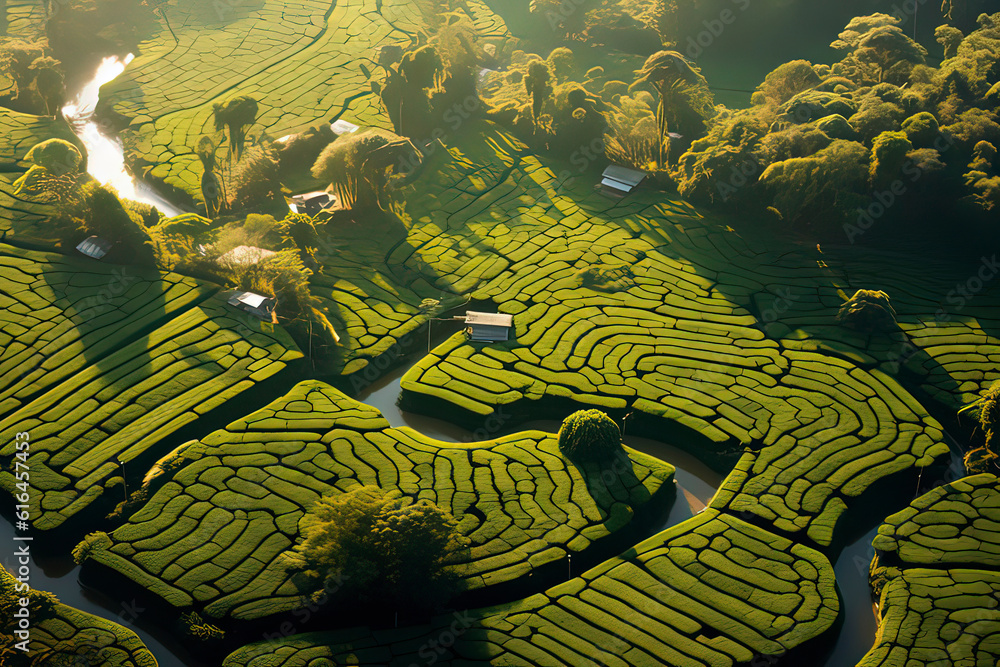 Fototapeta premium Bird's-eye View of Tea Plantation. AI technology generated image