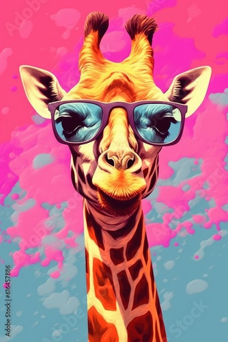 A wise and sincere looking Giraffe wearing bright colored glasses in vector style. Cartoon colorful giraffe with sunglasses. generative ai