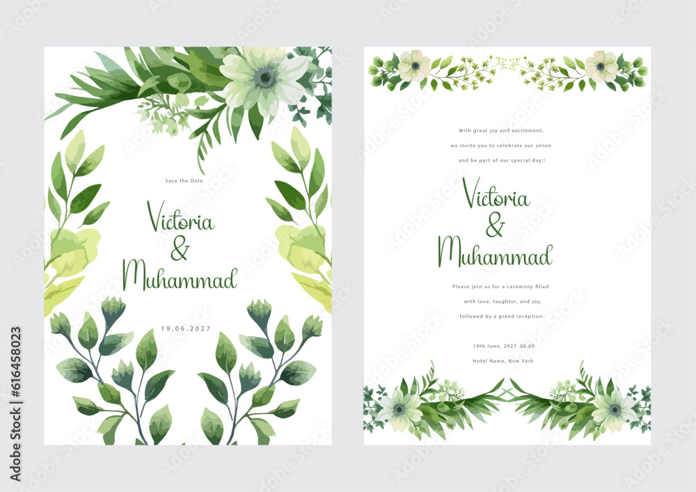 Set of fresh green leaf and green flower beautiful watercolor flower wedding invitation design template