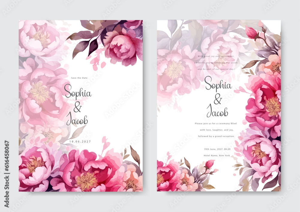 pink orchid flower floral elegant wedding invitation watercolor