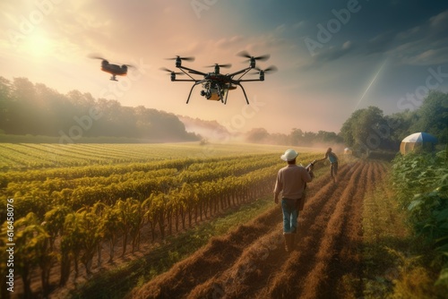 Drone flight and corn field spraying. Modern agriculture. generative ai