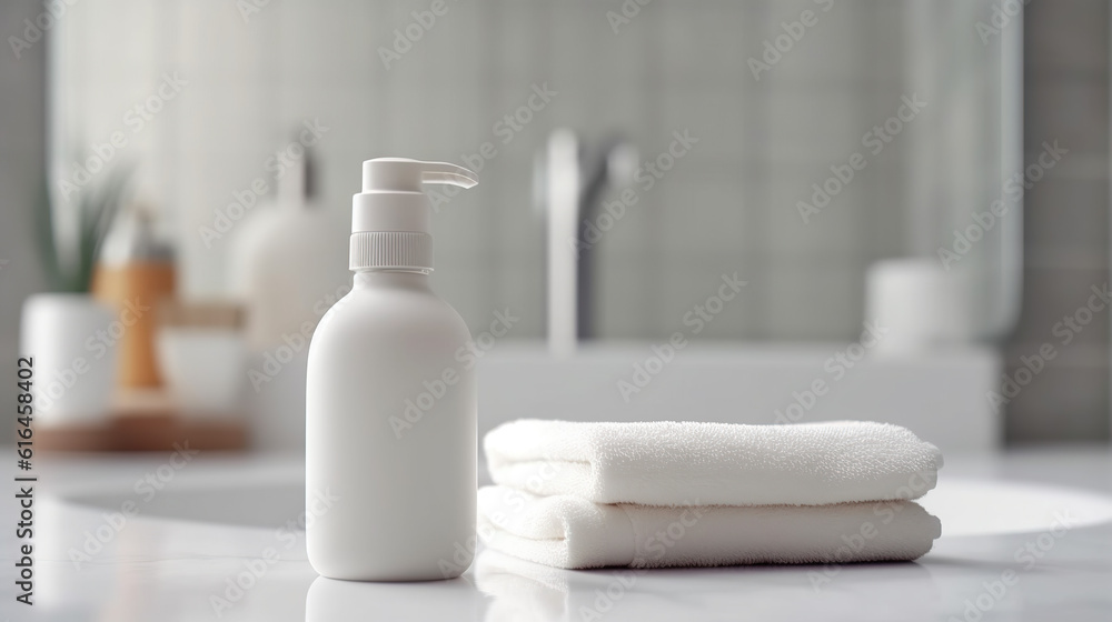 Toiletries Soap Towel Creams and Lotions. Light Elegant Modern Bathroom Interior with White Marble Tabletop Generative AI Toiletries Soap Towel Creams and Lotions. Light Elegant Modern Bathroom Interior with White Marble Tabletop Generative AI
