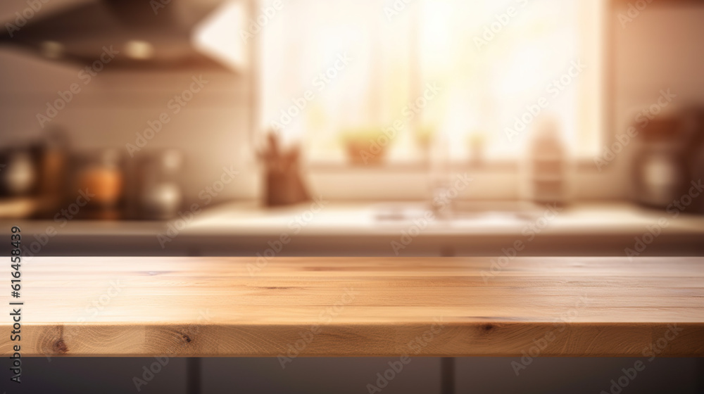 Wooden Table on Blurred Kitchen Counter (Room) Background. Beautiful Empty Wooden table Countertop and Modern Kitchen Interior Background in Clean and Bright Banner for Product Montage. Generative AI Wooden Table on Blurred Kitchen Counter (Room) Background. Beautiful Empty Wooden table Countertop and Modern Kitchen Interior Background in Clean and Bright Banner for Product Montage. Generative AI