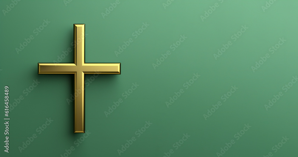 3d gold cross on a green background. Generative AI.