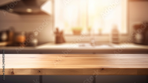 Wooden Table on Blurred Kitchen Counter (Room) Background. Beautiful Empty Wooden table Countertop and Modern Kitchen Interior Background in Clean and Bright Banner for Product Montage. Generative AI