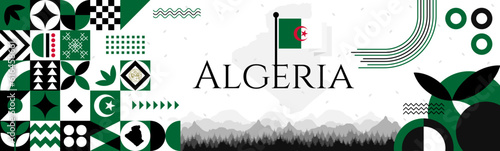 Independence Day of Algeria banner with name and map. Flag color themed Geometric abstract retro modern Design. Green, white and red color vector illustration template graphic design.