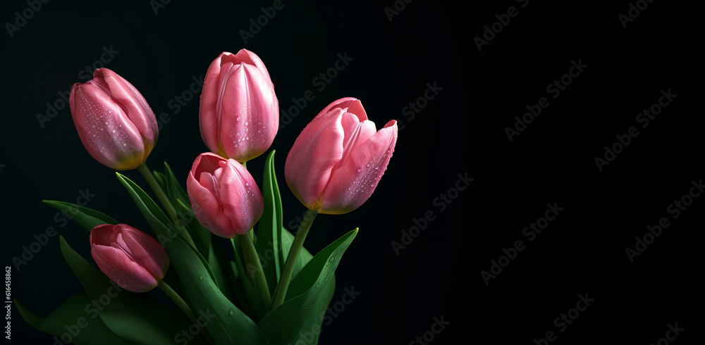 Fototapeta premium Banner of beautiful pink tulips over dark background. Generative AI.