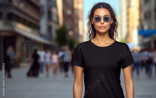 Beautiful young woman in blank black t-shirt for mockup. Design t-shirt template and mock-up for branding or print. Generative AI.