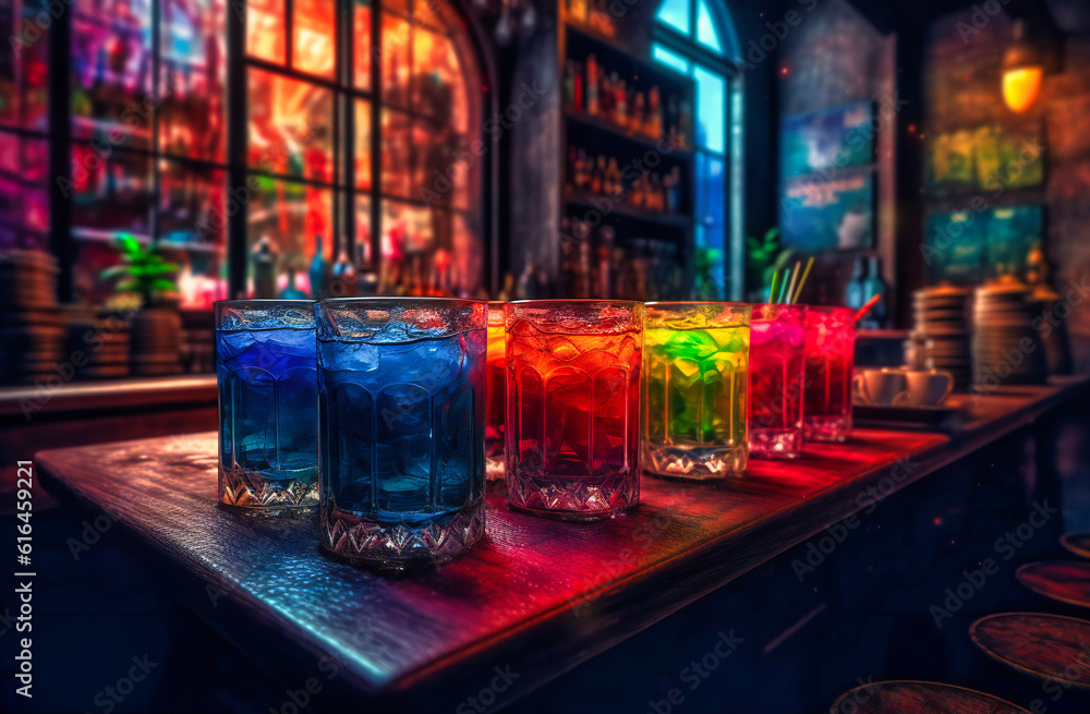 rainbow drink with cocktails in a bar rainbow drink with cocktails in a bar
