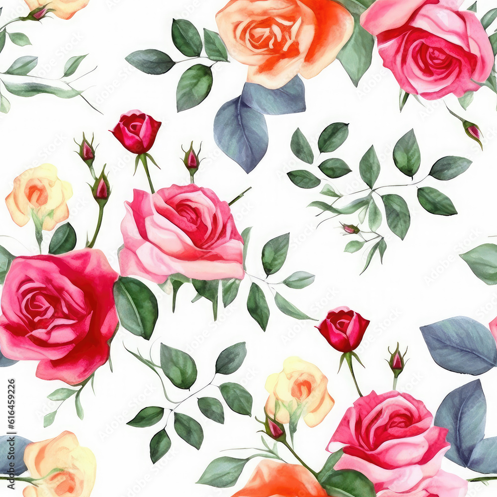 Vibrant Rose Watercolor Seamless Patterns, Floral Sublimation for Tumblers, Scrapbooks, and Wallpaper Generative AI 016