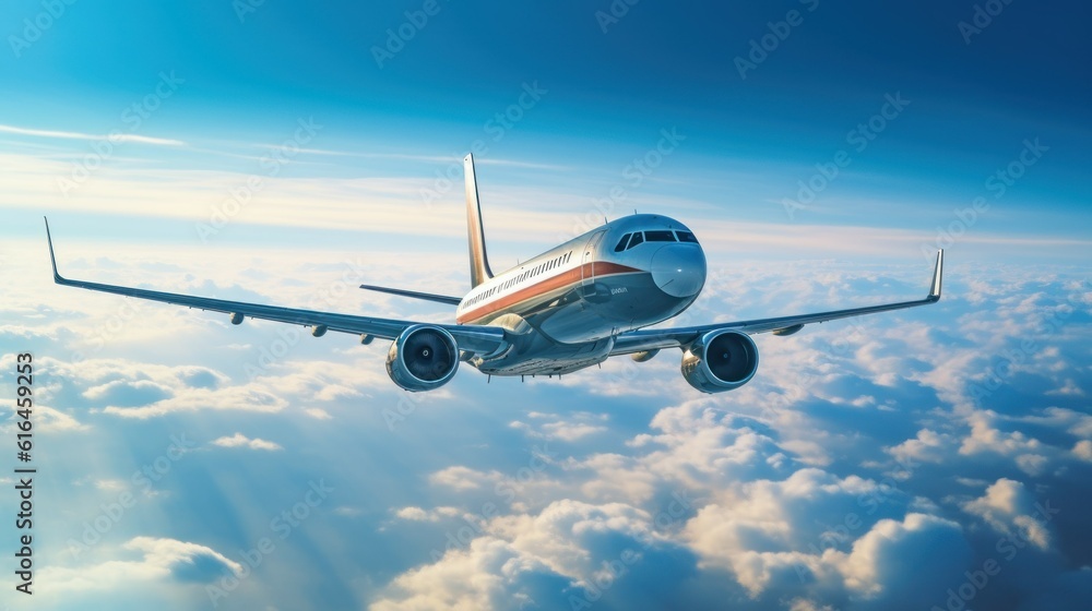 Obraz premium Illustration of a commercial airplane flying in the sky above the clouds on a sunny day. Generative AI.