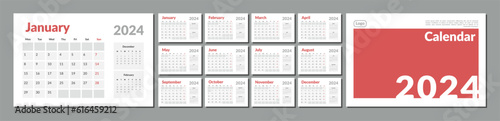 Set of 2024 Calendar Planner Template with Place for Photo and Company Logo. Vector layout of a wall or desk simple calendar with week start monday. Calendar grid in grey color for print