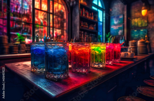 rainbow drink with cocktails in a bar