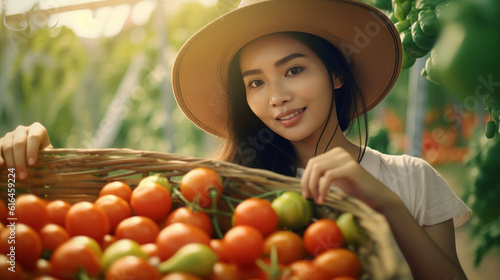 Asian Woman Picking Red Tomatoes in the Vegetable Garden Female Garden Worker Focusing on Harvesting Red Tomatoes Generative AI