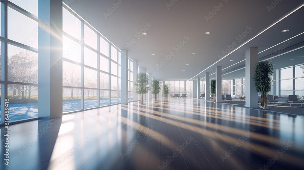 A Beautiful, Modern and Spacious Office Hall with Panoramic Windows, Beautiful Blurred Background of Modern Office Interior and Beautiful Lighting. Generative AI A Beautiful, Modern and Spacious Office Hall with Panoramic Windows, Beautiful Blurred Background of Modern Office Interior and Beautiful Lighting. Generative AI