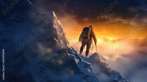 A man is climbing a tall snow mountain