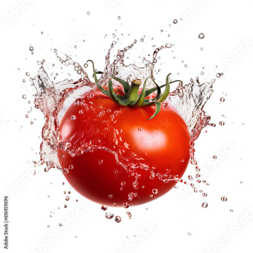 Tomato splashing on isolated background. Generative AI.