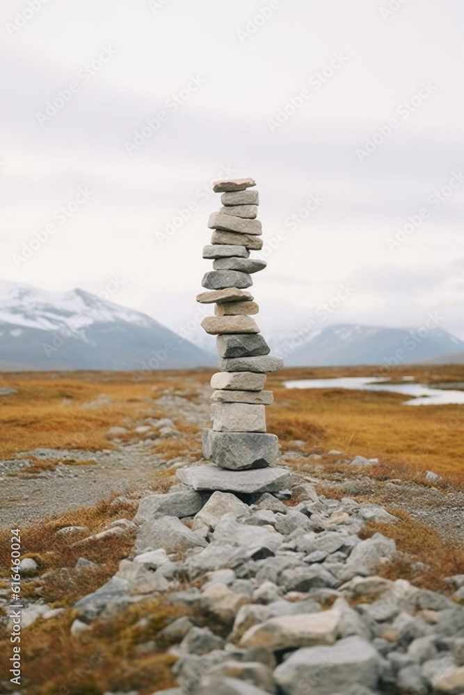 A minimalist Inukshuk made of piled stones pointing the way across the Alaskan tundra. AI generative A minimalist Inukshuk made of piled stones pointing the way across the Alaskan tundra. AI generative