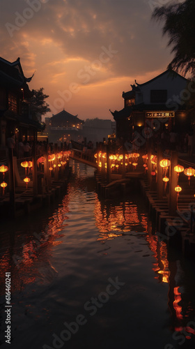 Evening scenery of water towns in China, covered with red lanterns