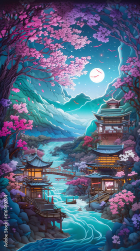 Small town with traditional Chinese architecture, view at night, illustration effect