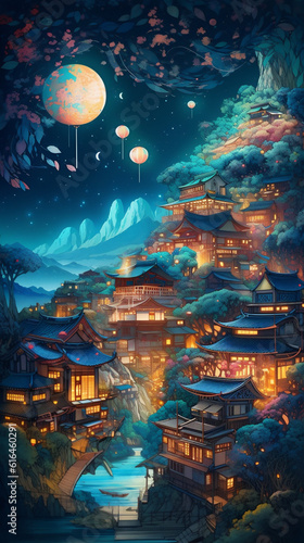 Small town with traditional Chinese architecture, view at night, illustration effect
