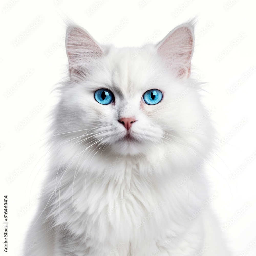 Illustration, AI generation. white cat with blue eyes, face shot , isolated on white background. Pet, dog.