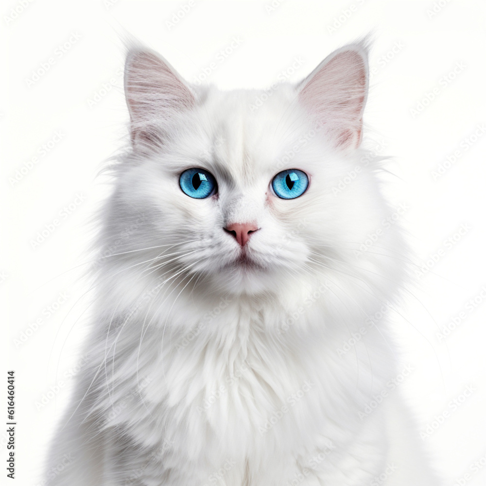 Illustration, AI generation. white cat with blue eyes, face shot , isolated on white background. Pet, dog. Illustration, AI generation. white cat with blue eyes, face shot , isolated on white background. Pet, dog.