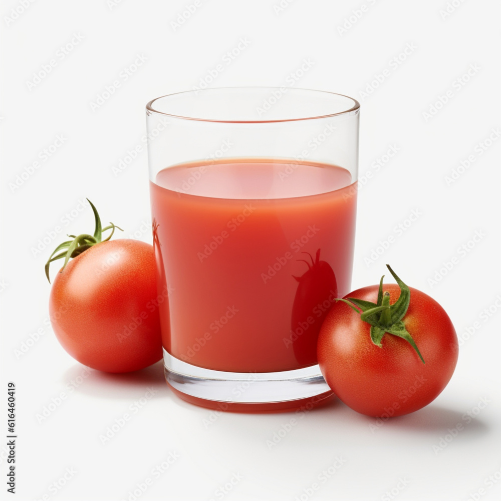 Illustrations, AI generation. A glass of tomato juice isolated on a white background. Illustrations, AI generation. A glass of tomato juice isolated on a white background.