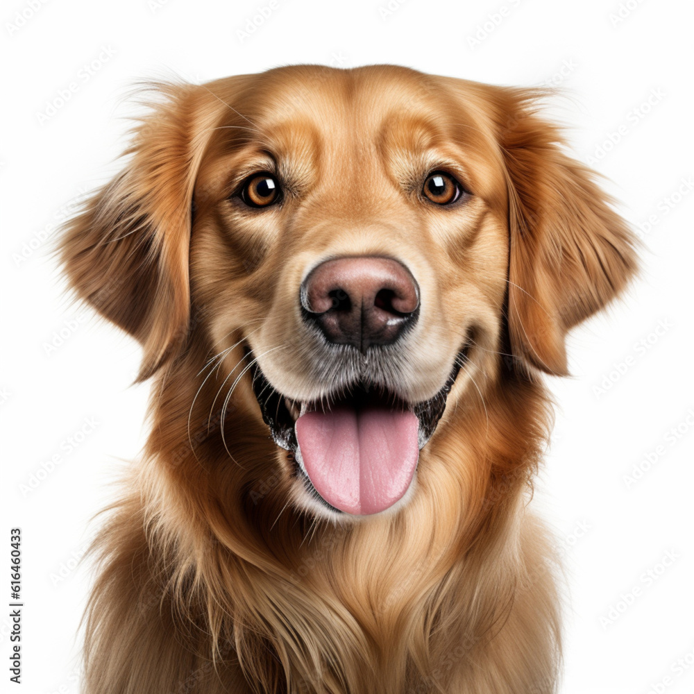 Illustration, AI generation. Golden Retriever face shot , isolated on white background. Pet, dog.