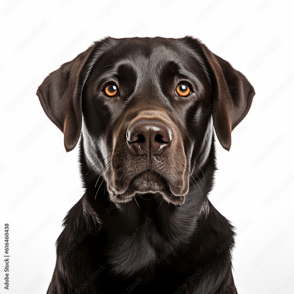 Illustration, AI generation. chocolate labrador face shot , isolated on white background. Pet, dog.