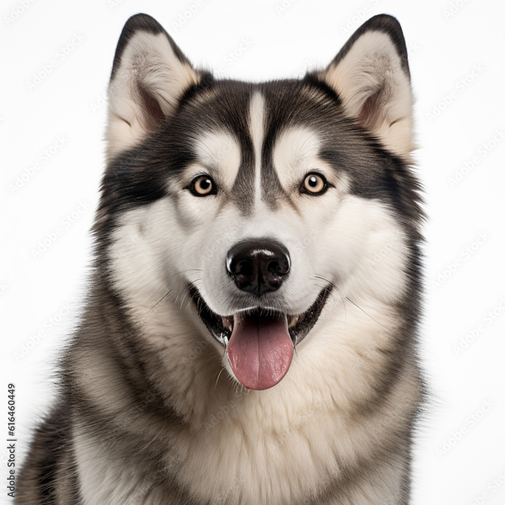 Illustration, AI generation. Alaskan Malamute face shot , isolated on white background. Pet, dog.