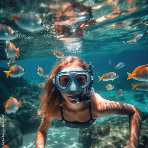 Young girl in snorkeling mask dive underwater with tropical fishes in coral reef sea pool.