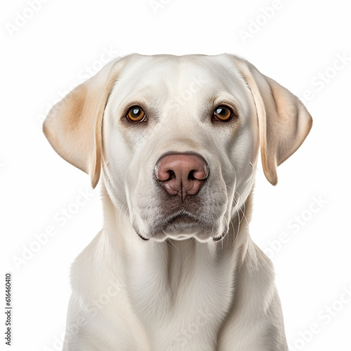 Illustration, AI generation. fawn labrador face shot , isolated on white background. Pet, dog.