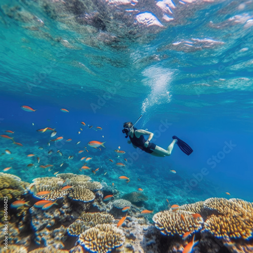 Young Man in snorkeling mask dive underwater with tropical fishes in coral reef sea pool.