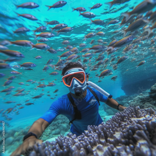 Young Man in snorkeling mask dive underwater with tropical fishes in coral reef sea pool.