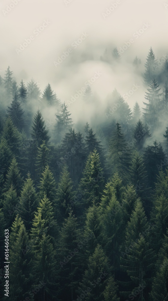 dreamy atmosphere vertical background, coniferous forest , Generative Ai