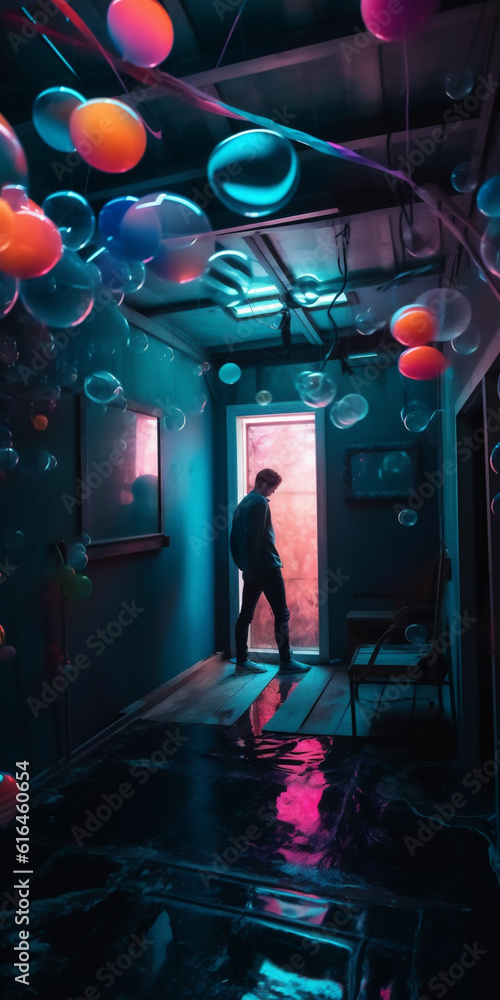 Alone in a dreamy and colorful room