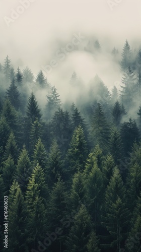 dreamy atmosphere vertical background, coniferous forest , Generative Ai © QuietWord