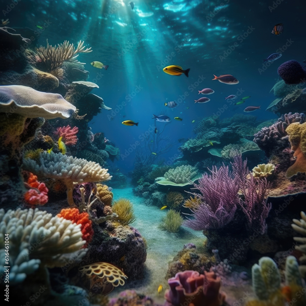 underwater paradise background coral reef wildlife nature collage with shark manta ray sea turtle fish background