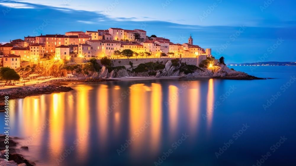 stunning coastal view and fabulous lights at night cityscape vrbnik town