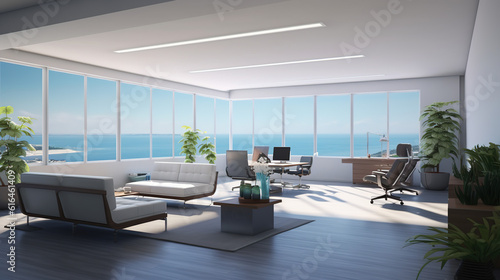 An Inside a Modern Office Meeting Room with Contemporary Chairs Around a Beautiful Table. and Spacious with Sea View Windows and Beautiful Lighting. Generative AI © Phoophinyo