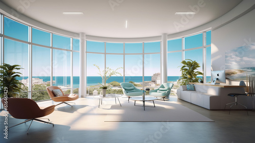 An Inside a Modern Office Meeting Room with Contemporary Chairs Around a Beautiful Table. and Spacious with Sea View Windows and Beautiful Lighting. Generative AI