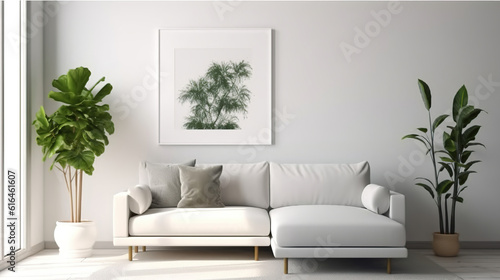Minimal Style Living Room with Stylish Warm Home Decor with Sofa and Blank Picture Frames and Decoration with Natural Green Tropical Plants  Leaves  Generative AI