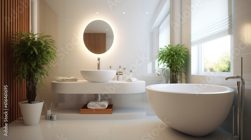 An Interior of the Bathroom is Luxurious with a Free-standing Bathtub. White Washbasin on Wooden Counter There is a Mirror Hanging Above. Modern Bathroom Accessories. Generative AI