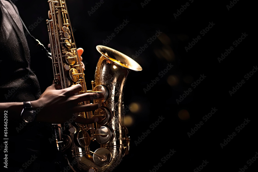 Obraz premium Close-up of a man with saxophone on dark background, Generative AI