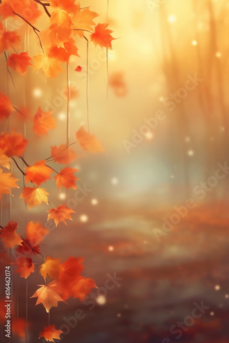 Autumn leaves falling on misty background, warm glow. AI generative