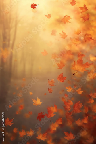 Autumn leaves falling on misty background  warm glow. AI generative